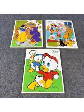 Disney Playskool Wood Frame Tray Puzzles Lot of 3 Snow White Pinocchio Huey Duck